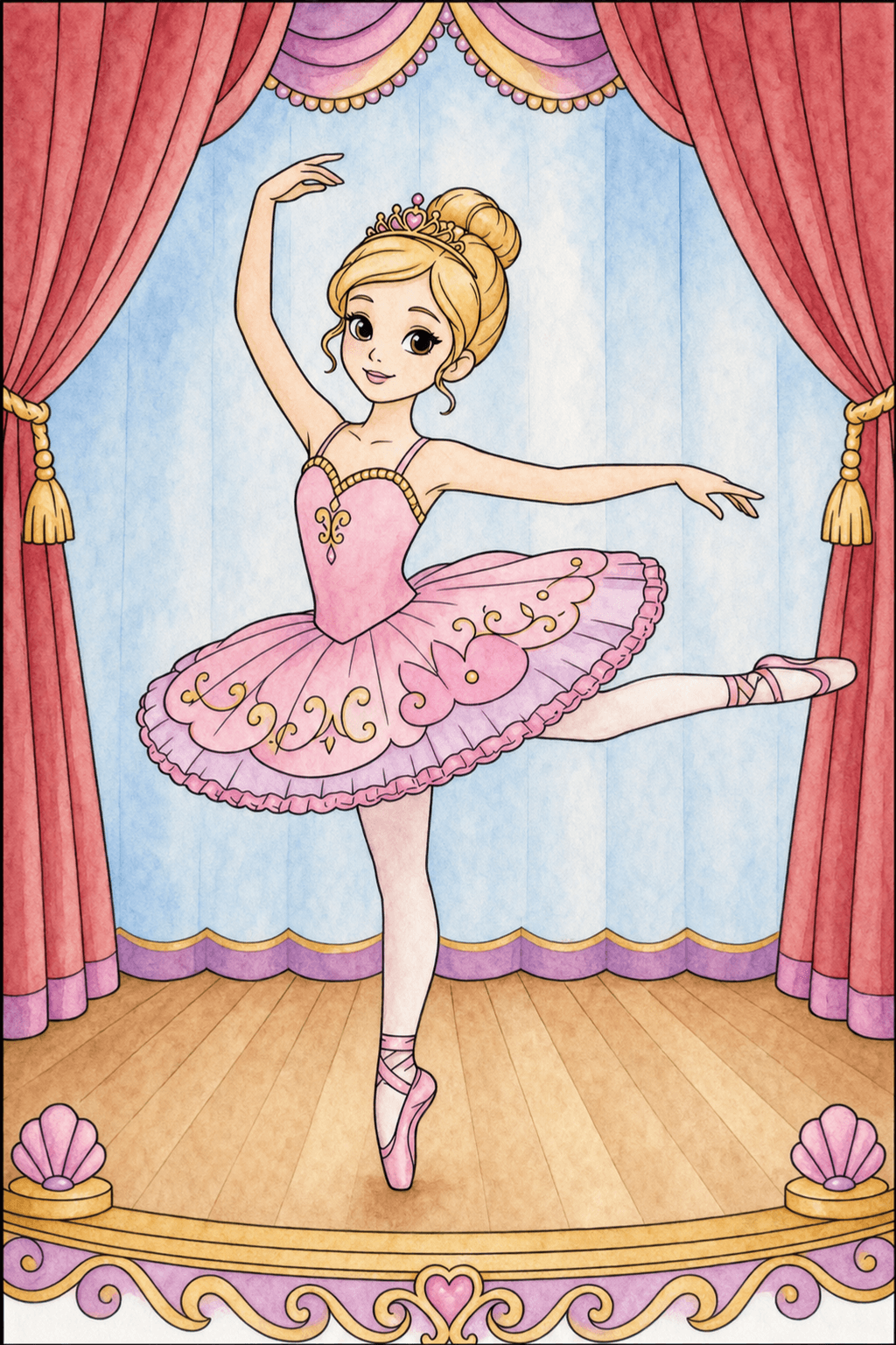 Princess Ballerina Performing a Side Extension on Stage watercolor colorized preview