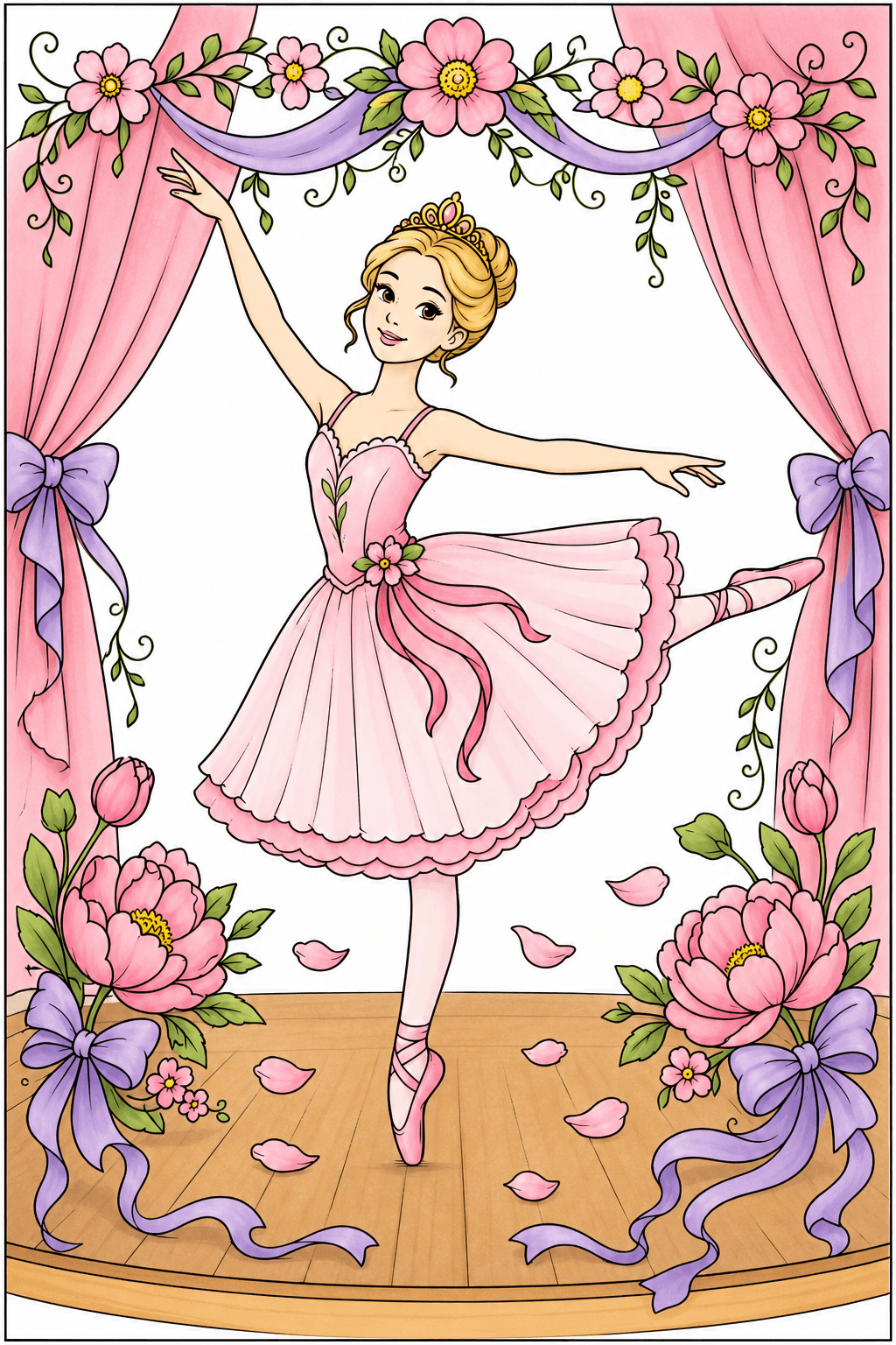 Tiara-Wearing Ballerina at a Floral Stage Recital storybook colorized preview