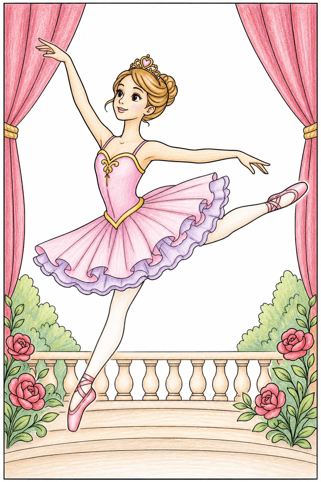 Princess Ballerina at a Rose-Lined Balcony colored-pencil colorized preview