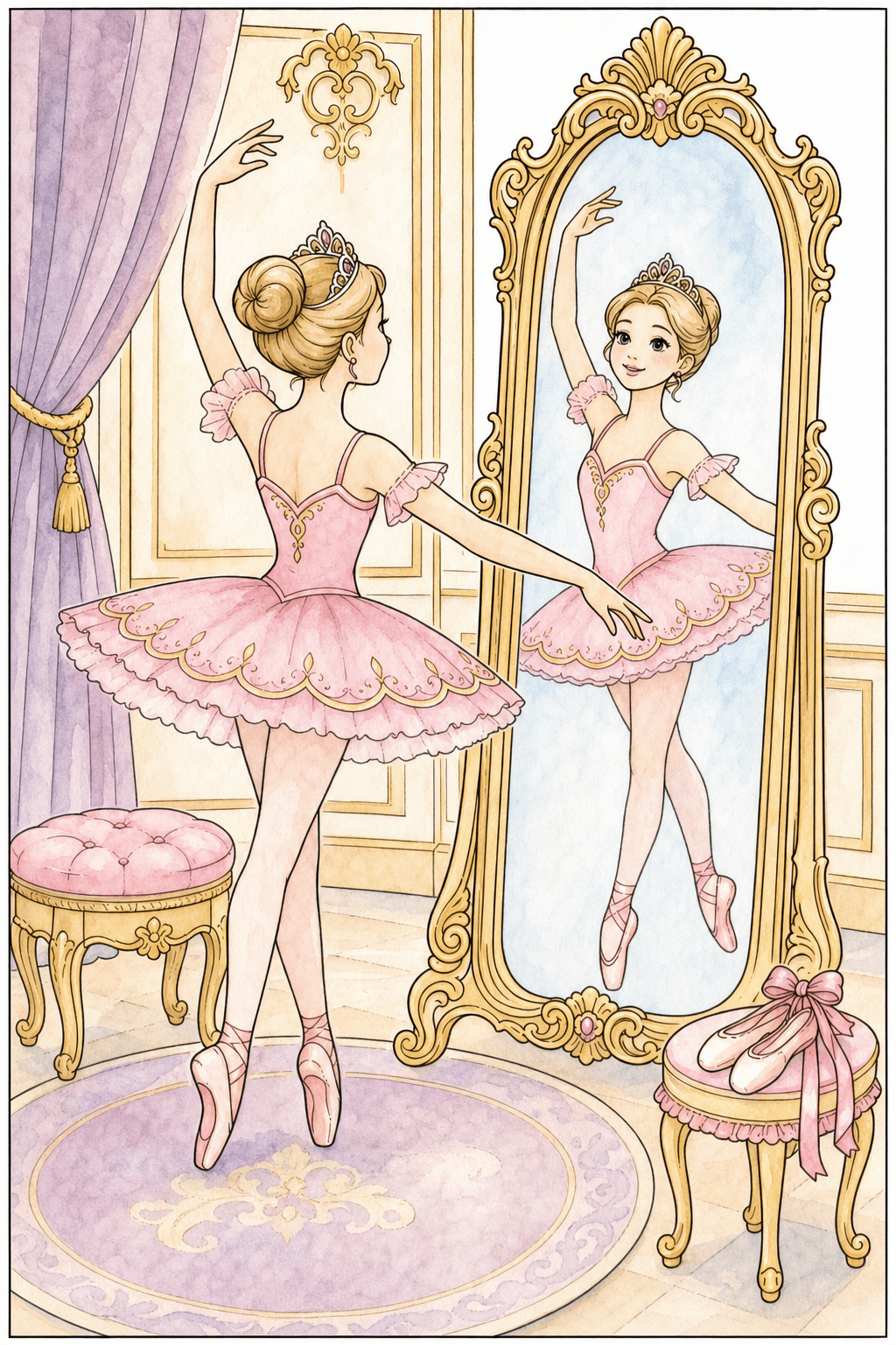 Tiara Ballerina Practicing at an Ornate Mirror watercolor colorized preview