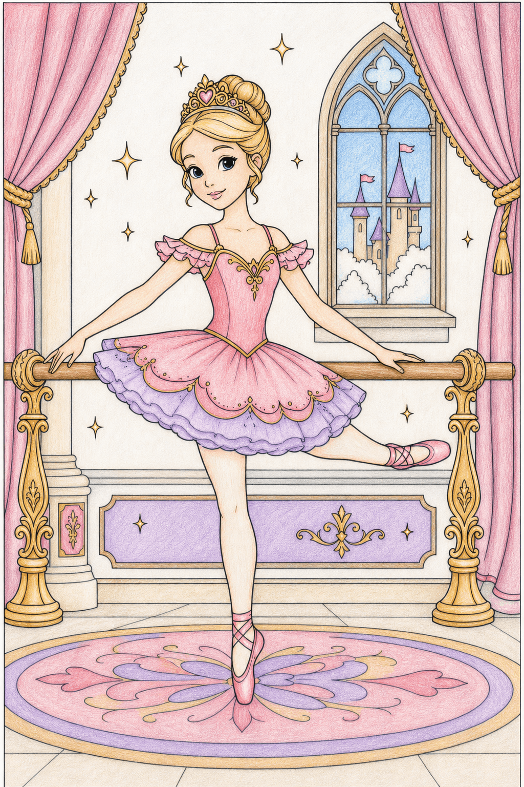 Princess Ballerina Practicing at a Palace Barre colored-pencil colorized preview