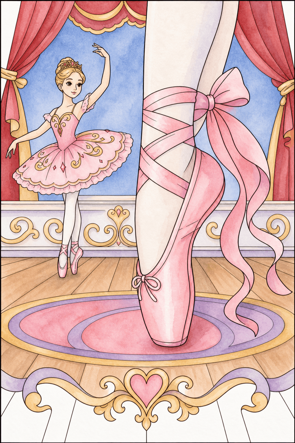 Ballerina Princess Beside a Close-Up Ribboned Slipper watercolor colorized preview