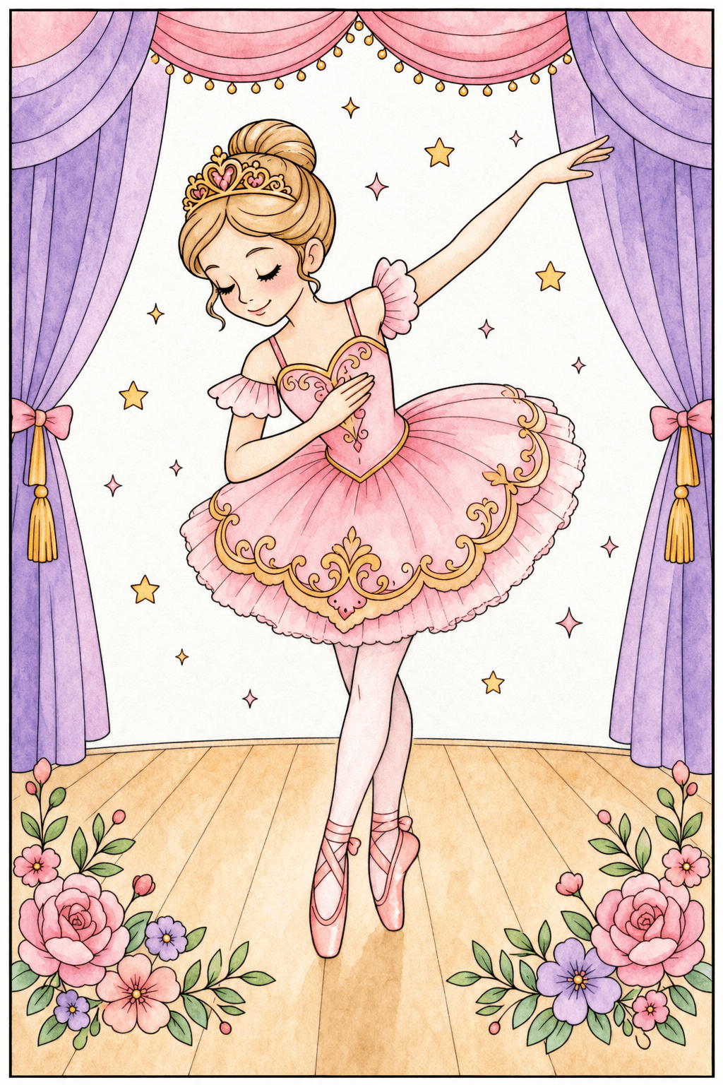 Princess Ballerina Bowing on Stage watercolor colorized preview