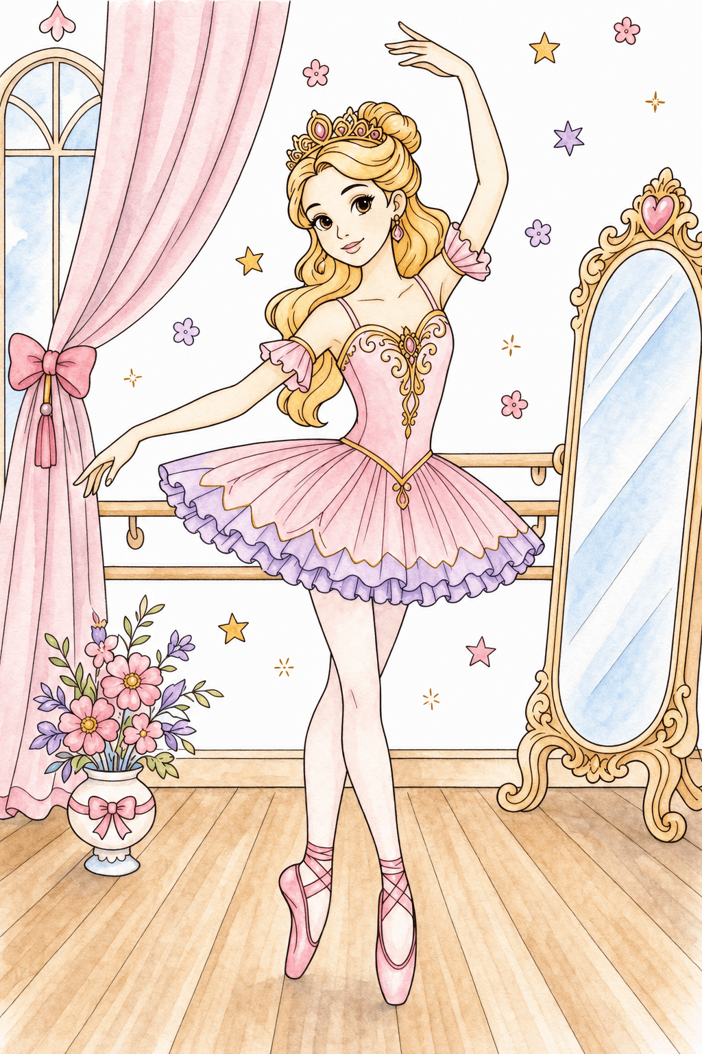 Princess Ballerina Posing in a Studio watercolor colorized preview