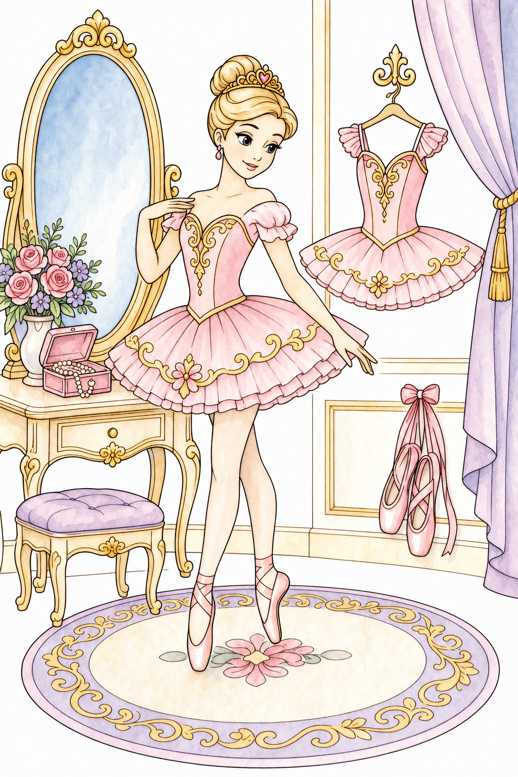Tiara-Wearing Ballerina in an Elegant Dressing Room watercolor colorized preview