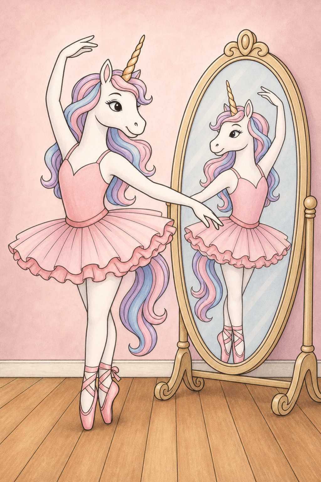 Unicorn Ballerina Practicing at a Mirror storybook colorized preview