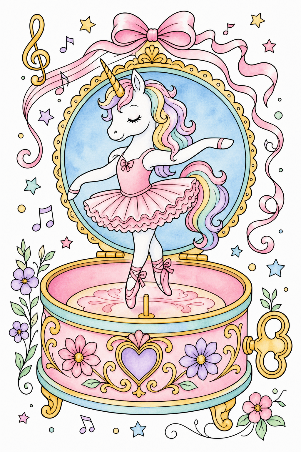 Unicorn Ballerina in an Ornate Music Box watercolor colorized preview