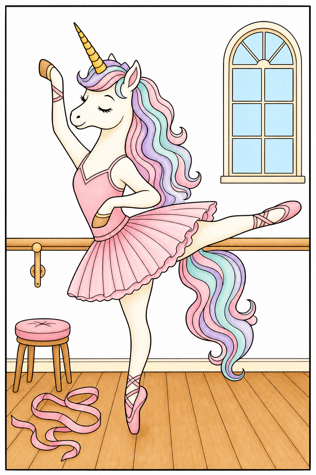 Unicorn Ballerina Posing in a Dance Studio storybook colorized preview