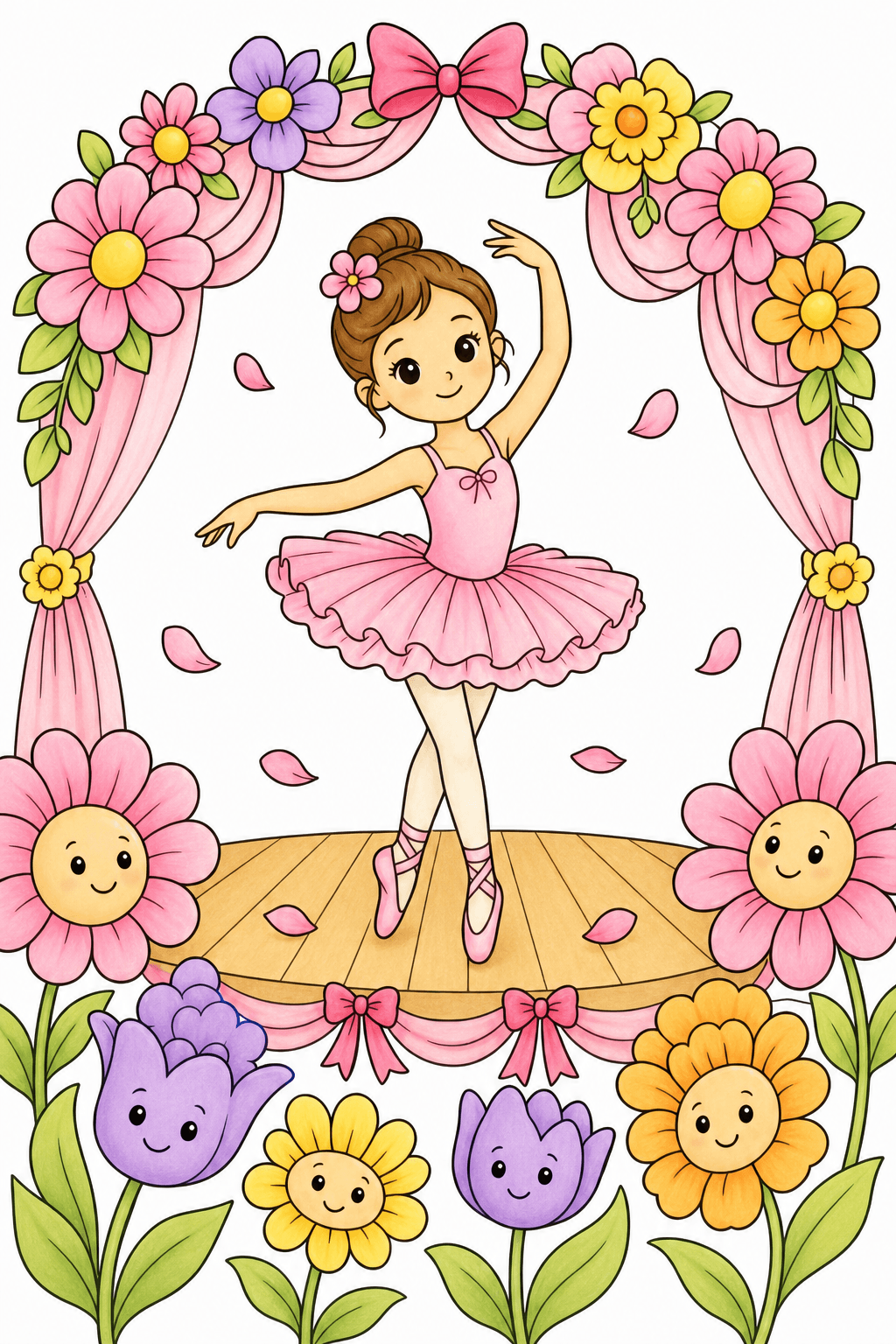 Ballerina Performing on a Smiling Flower Stage storybook colorized preview