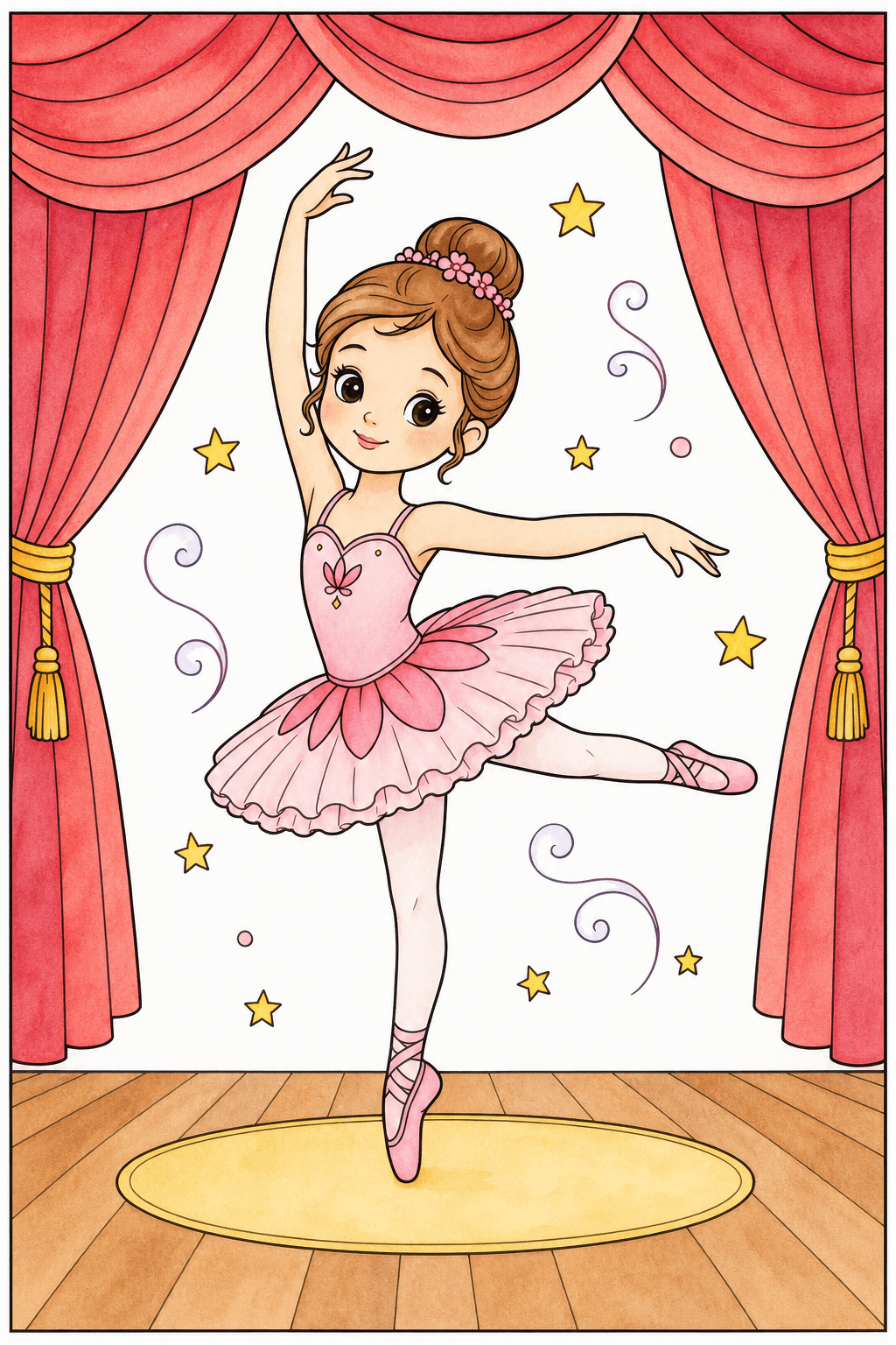 Ballerina Performing Under Stage Curtains watercolor colorized preview