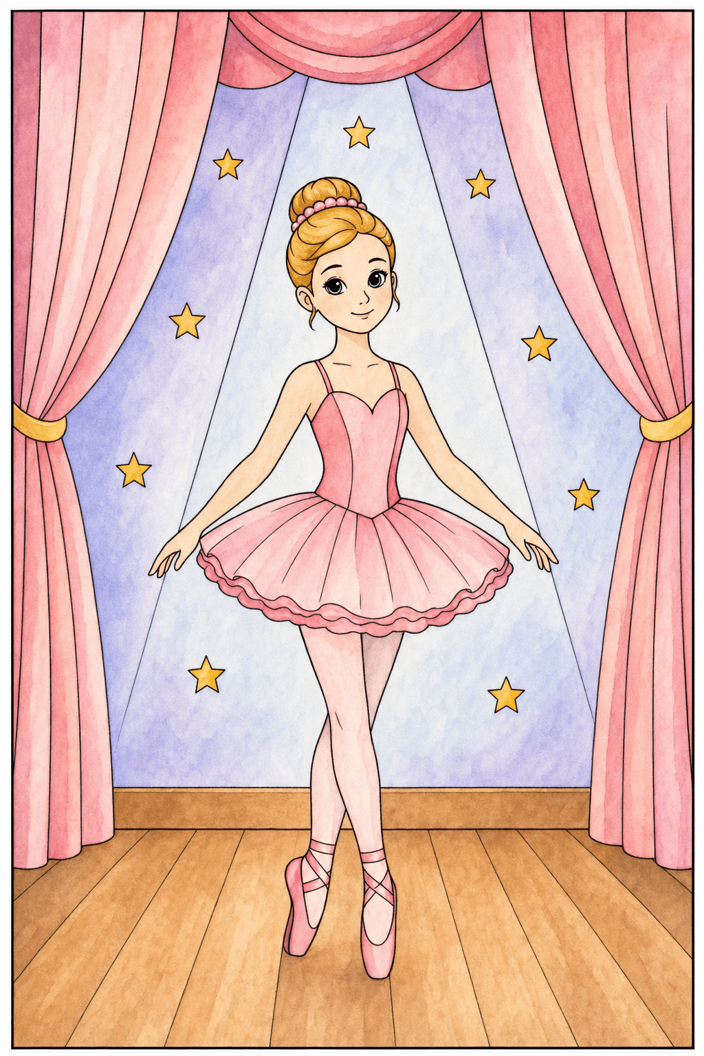 Young Ballerina Posing on a Theater Stage watercolor colorized preview