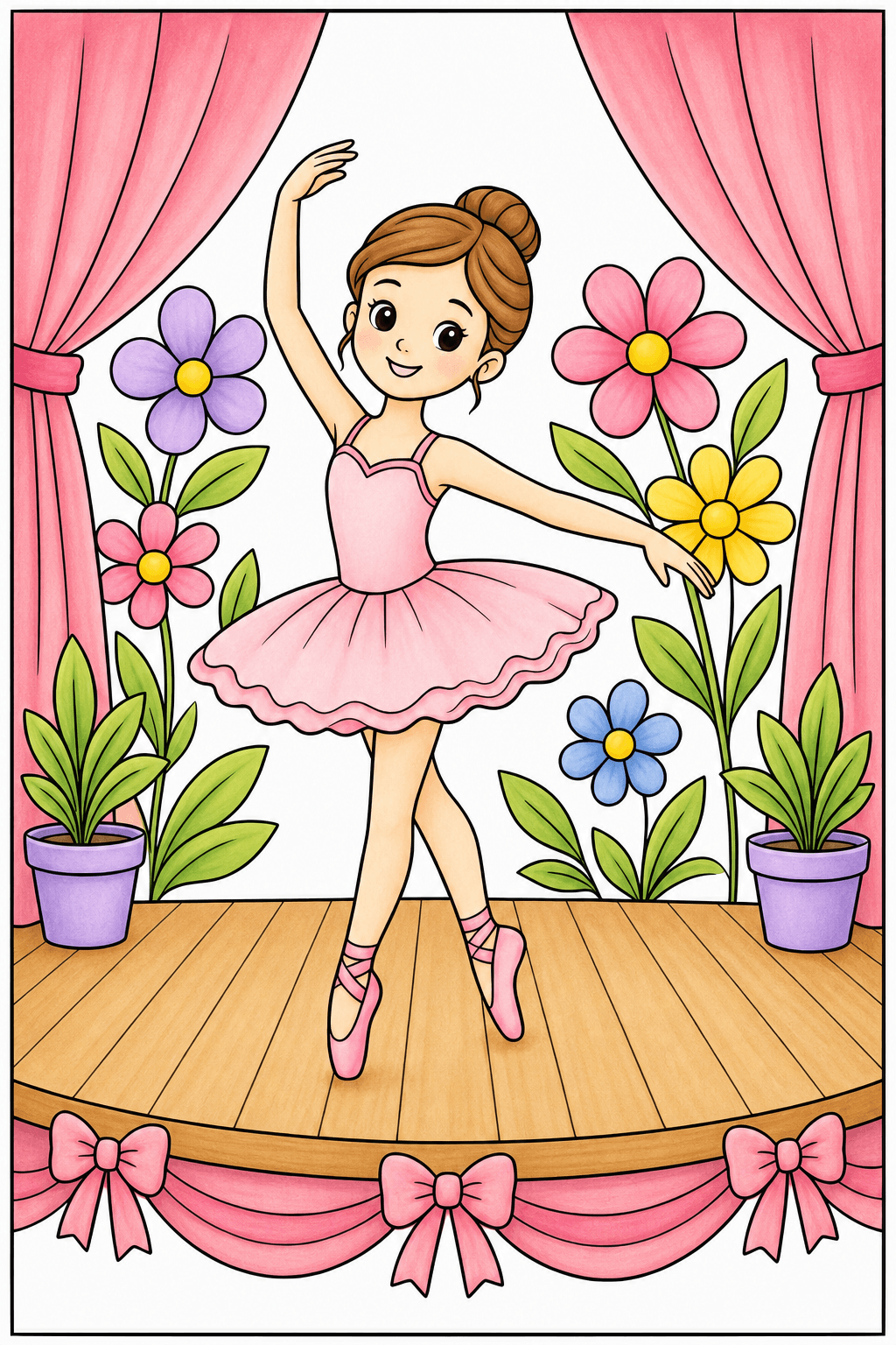 Ballerina Performing on a Flower-Filled Stage storybook colorized preview