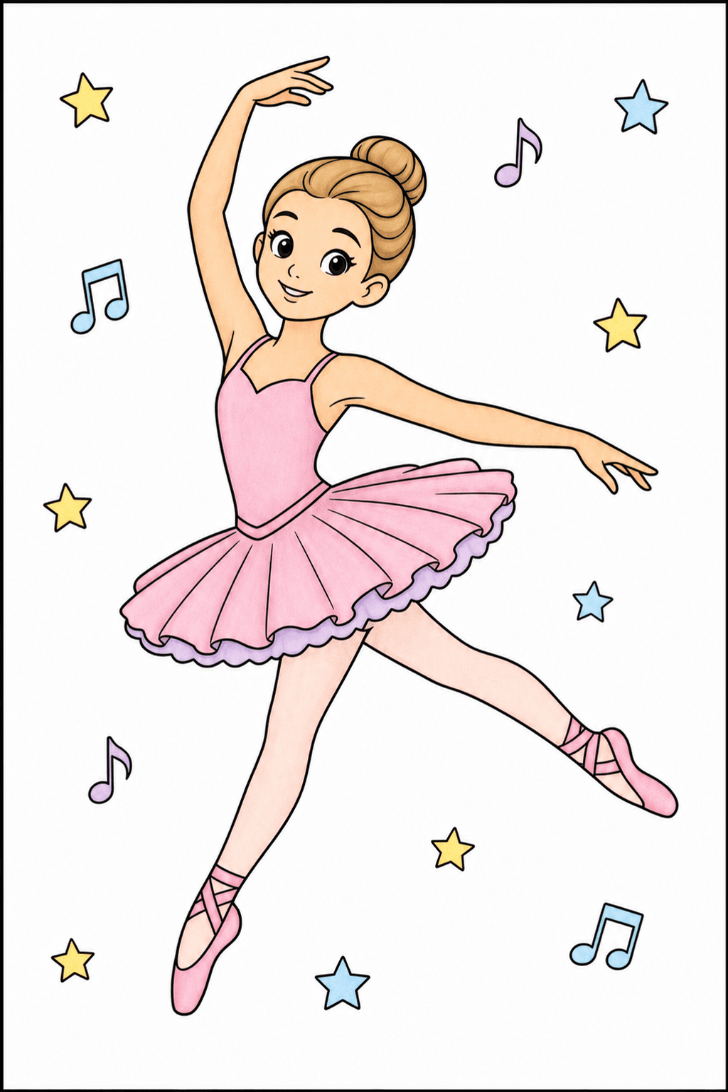 Ballerina Leaping Among Stars and Music Notes storybook colorized preview