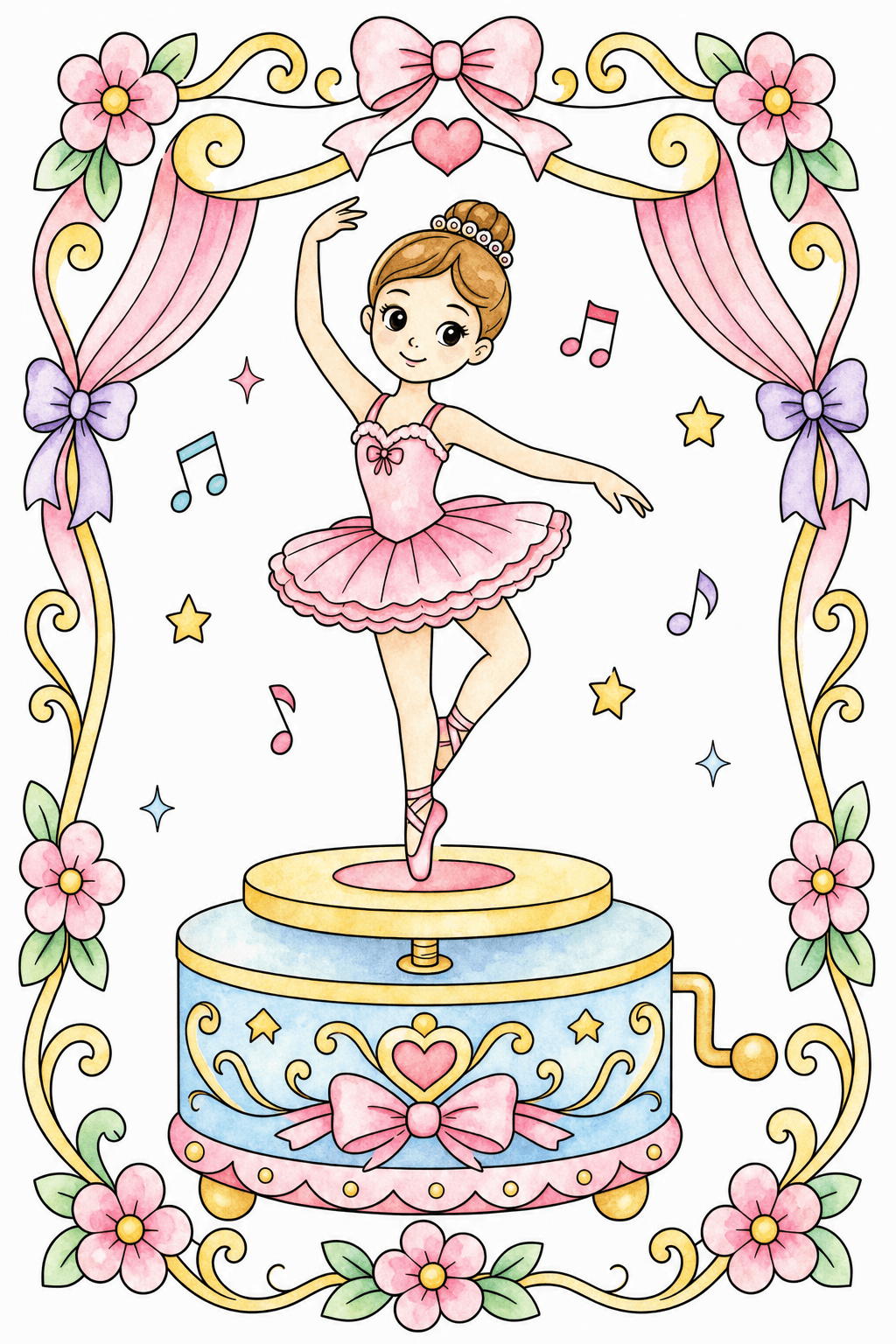 Ballerina Dancing on a Decorated Music Box watercolor colorized preview