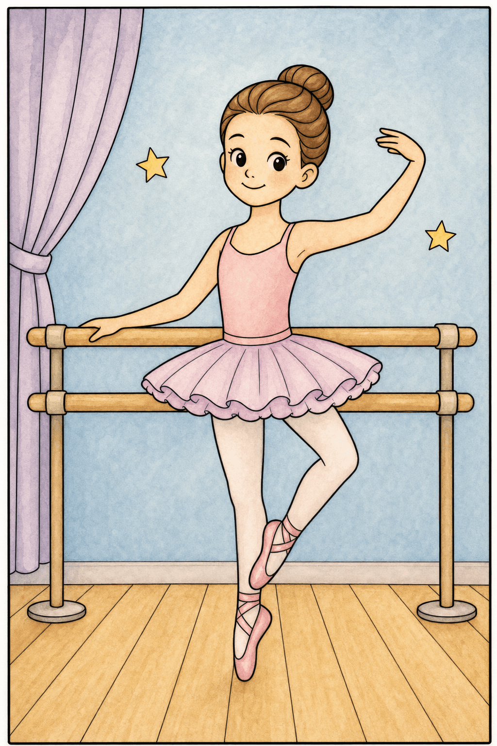 Young Ballerina Practicing at the Barre watercolor colorized preview