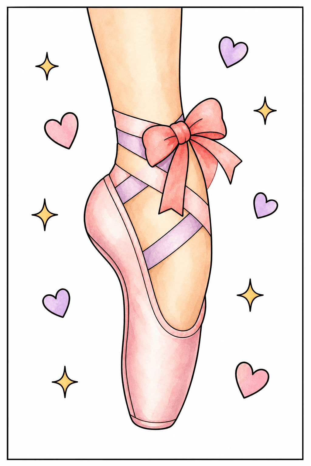 Pointed Ballet Slipper with Hearts watercolor colorized preview