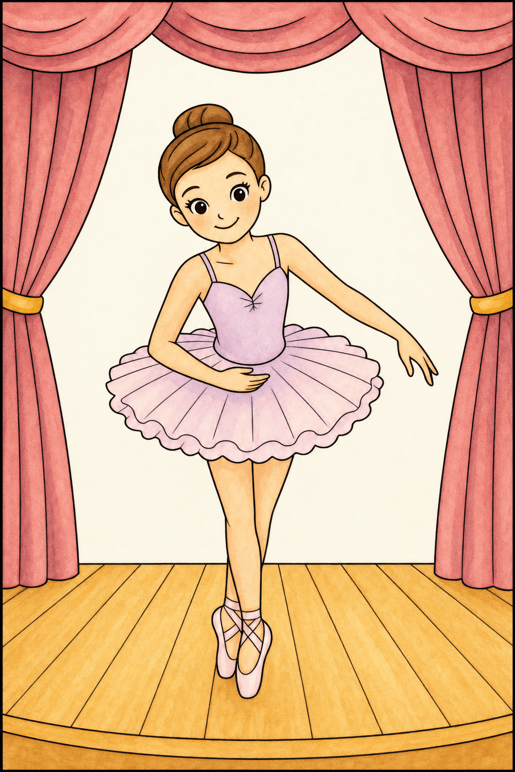 Ballerina Bowing Between Theater Curtains watercolor colorized preview