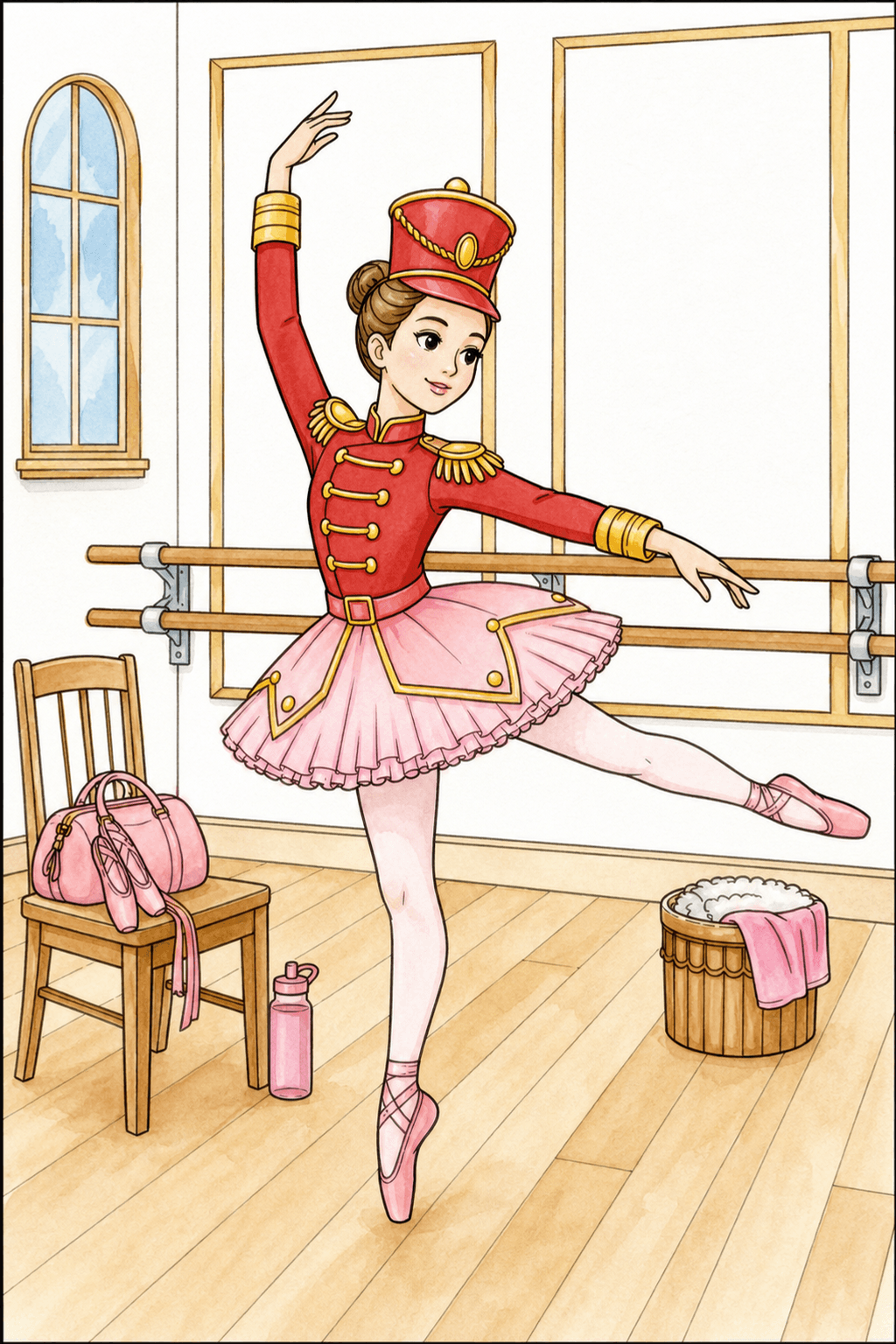 Nutcracker Ballerina Practicing in a Studio watercolor colorized preview