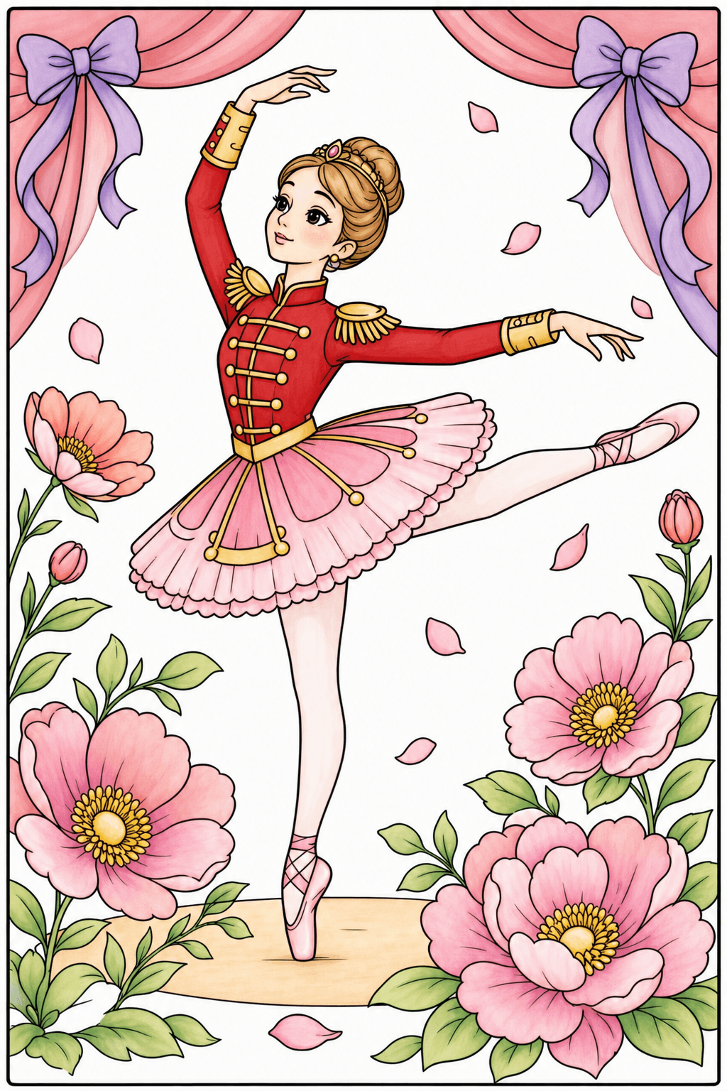 Nutcracker-Style Ballerina at a Flower Recital storybook colorized preview
