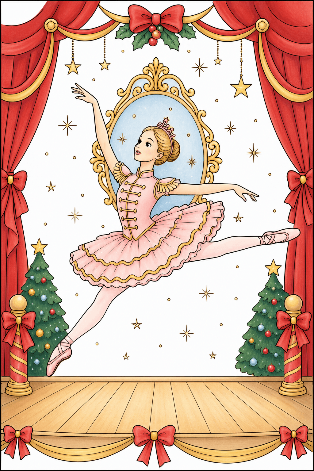 Nutcracker Ballerina Leaping on a Holiday Stage storybook colorized preview