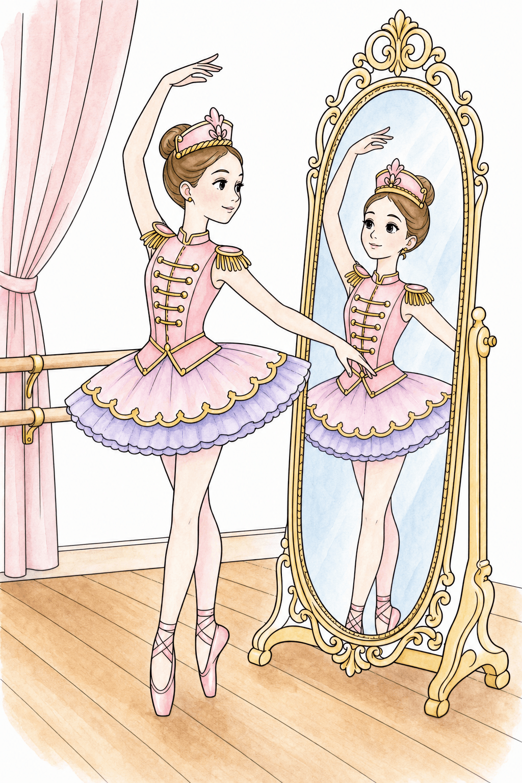 Nutcracker-Style Ballerina Practicing by a Mirror watercolor colorized preview