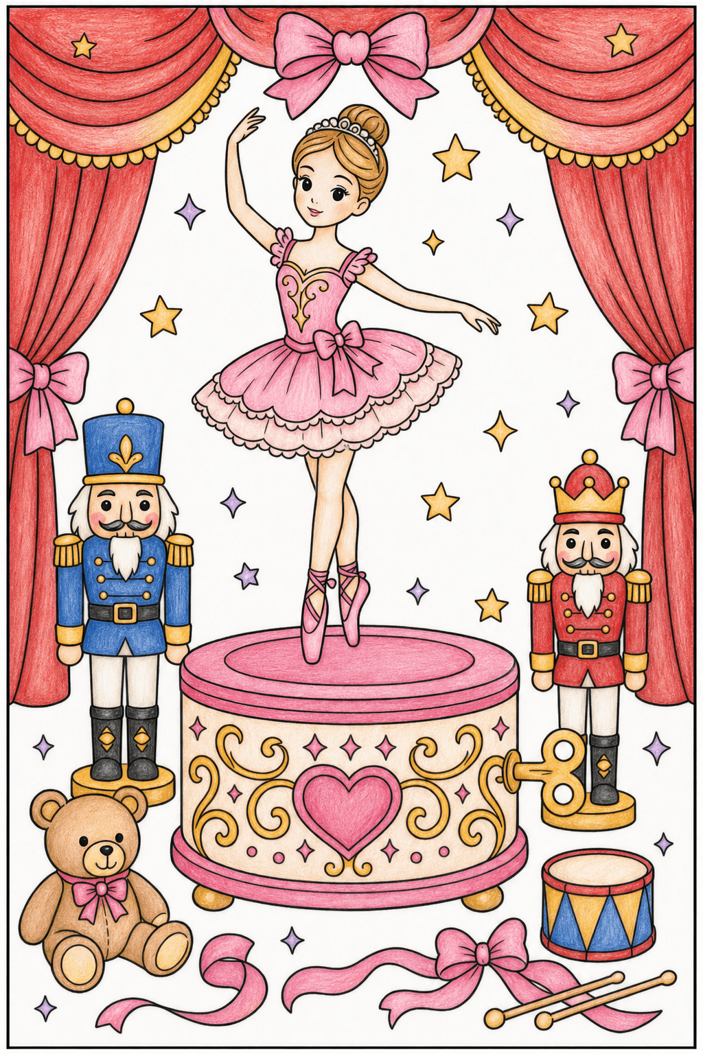 Nutcracker Ballerina Dancing on a Music Box Stage colored-pencil colorized preview