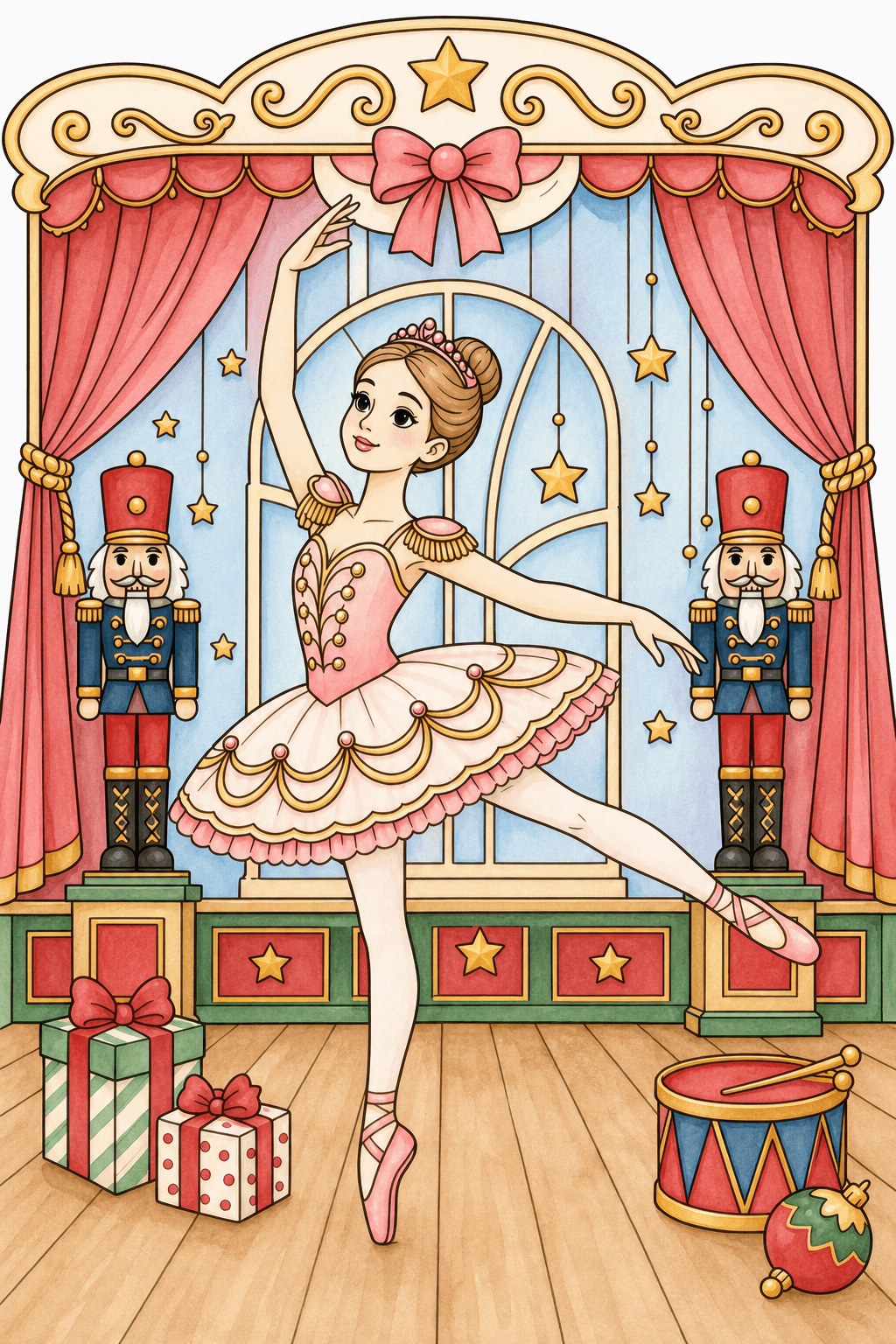Ballerina Dancing Between Nutcracker Soldiers watercolor colorized preview