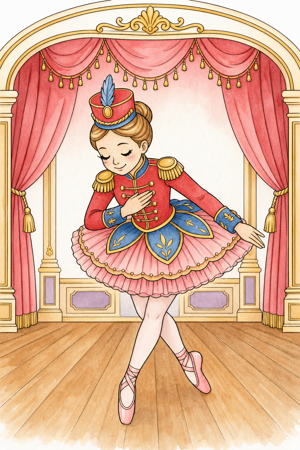Nutcracker Ballerina Taking a Stage Bow watercolor colorized preview