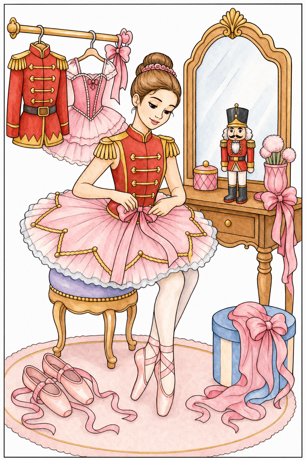 Nutcracker Ballerina in a Dressing Room watercolor colorized preview