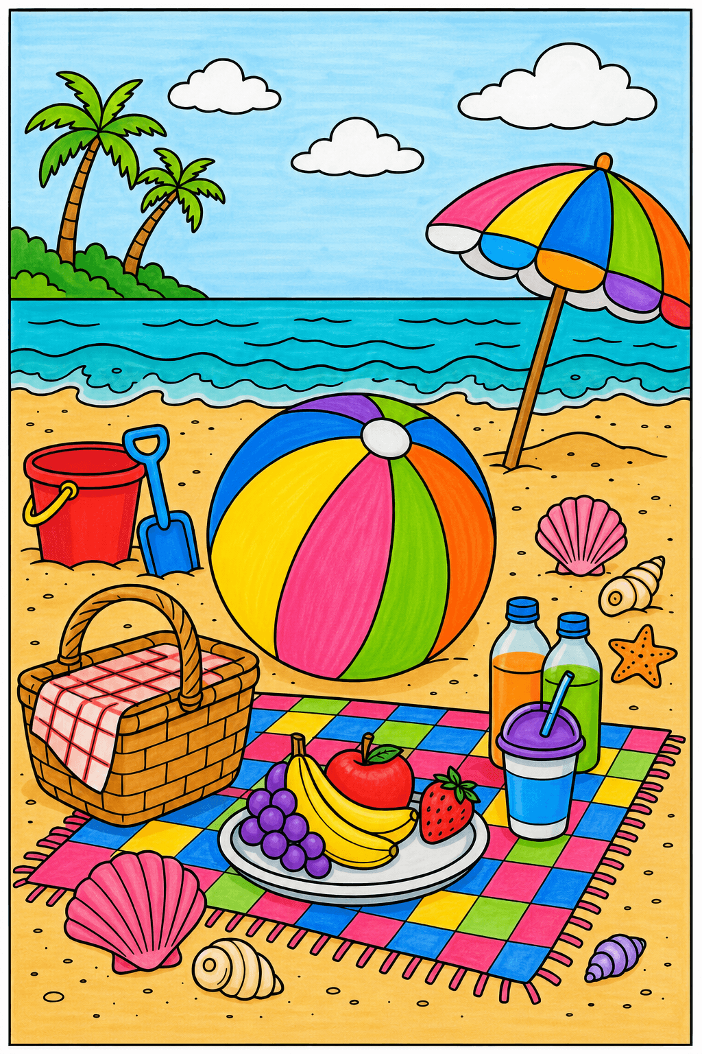 Beach Picnic with Beach Ball and Basket marker colorized preview