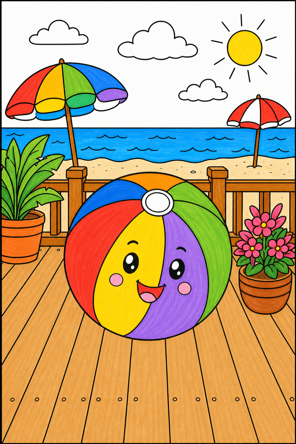 Smiling Beach Ball on a Seaside Boardwalk marker colorized preview