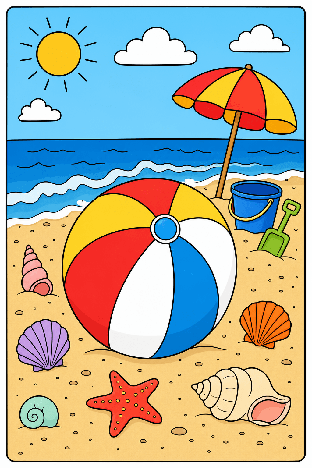 Beach Ball Surrounded by Seashells clean-digital colorized preview
