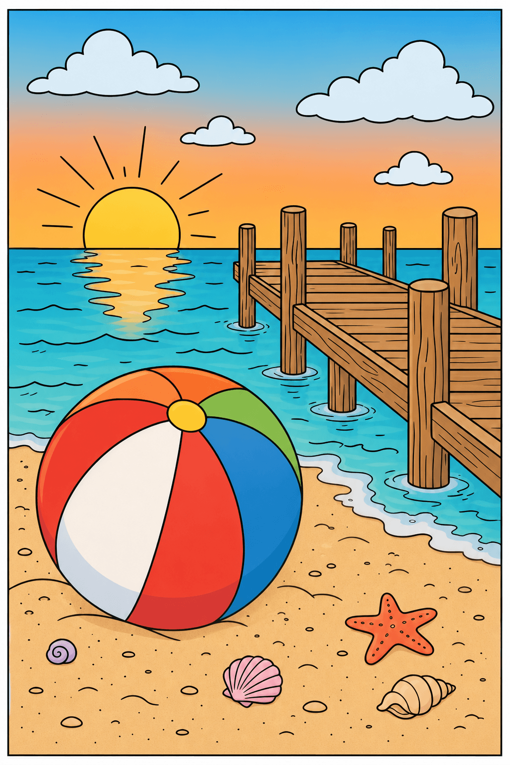 Beach Ball Beside a Sunset Pier clean-digital colorized preview