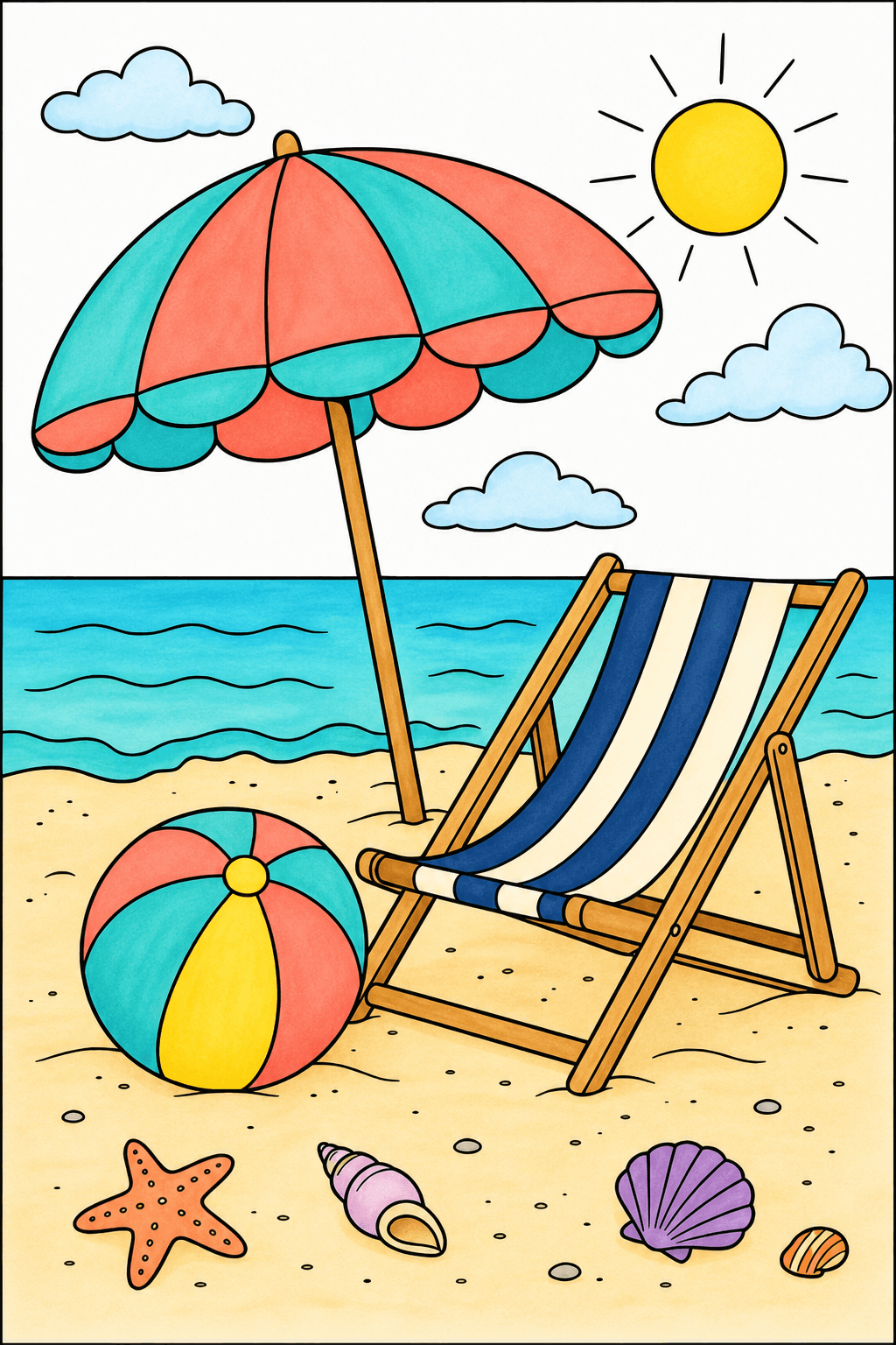 Beach Chair, Umbrella, and Ball by the Ocean marker colorized preview