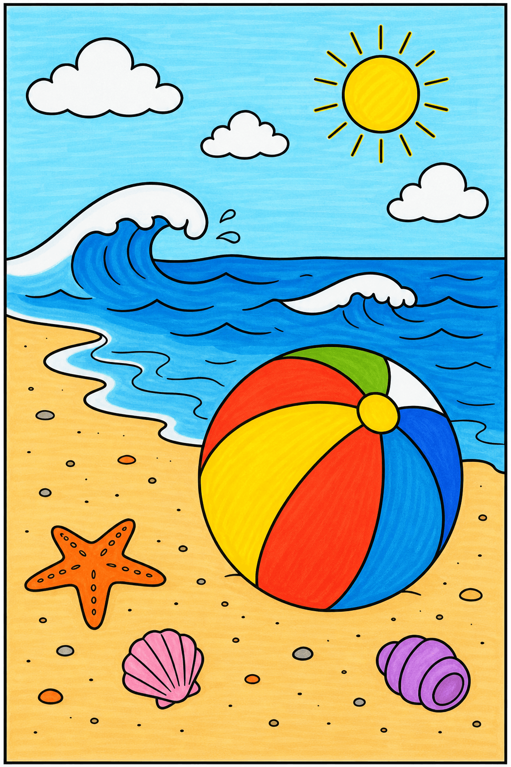 Beach Ball Beside Rolling Ocean Waves marker colorized preview