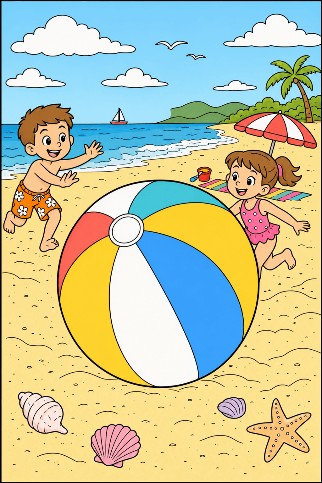 Kids Playing with a Giant Beach Ball clean-digital colorized preview