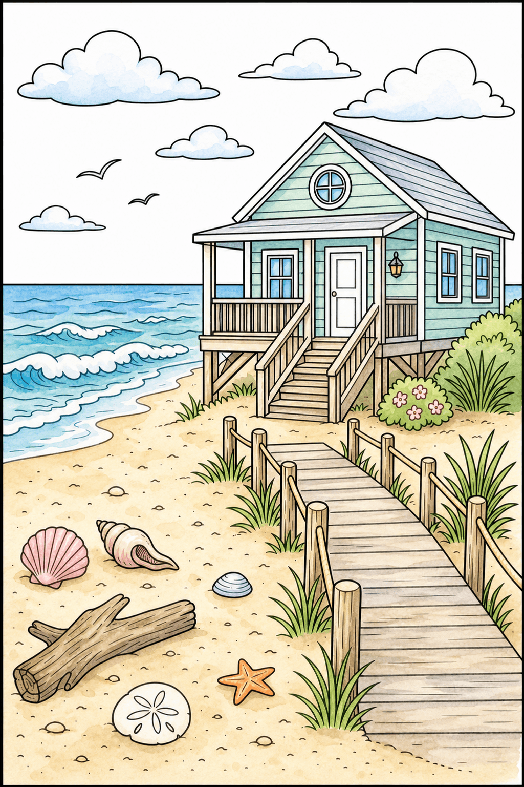 Beach House Beside an Ocean Boardwalk watercolor colorized preview