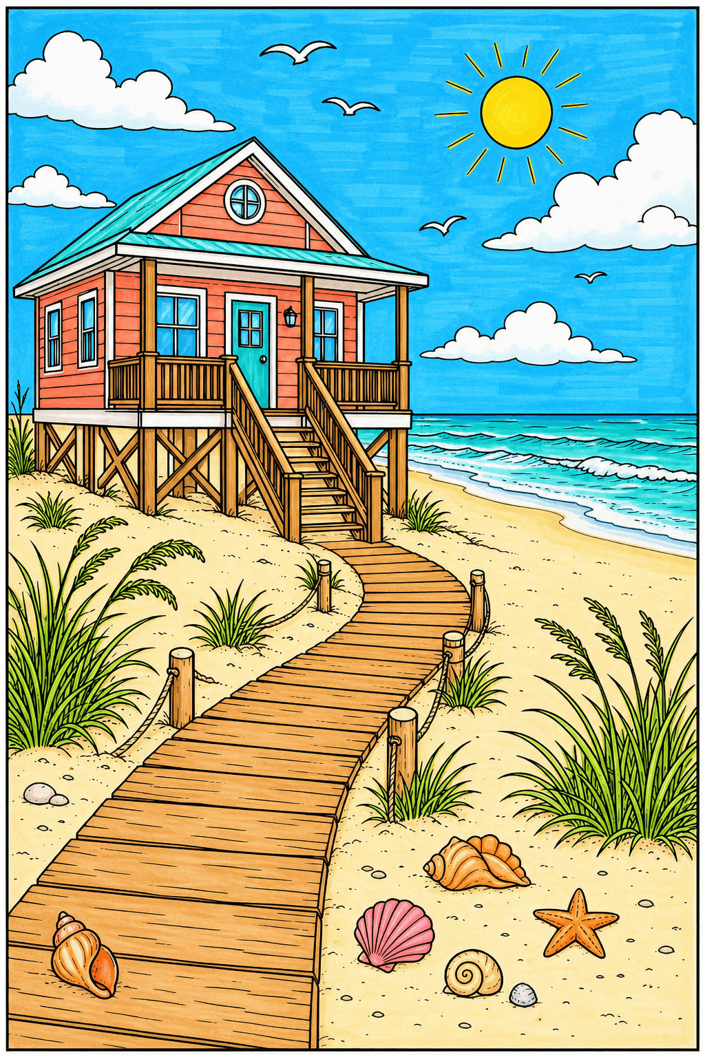 Beach House beside a Winding Boardwalk marker colorized preview