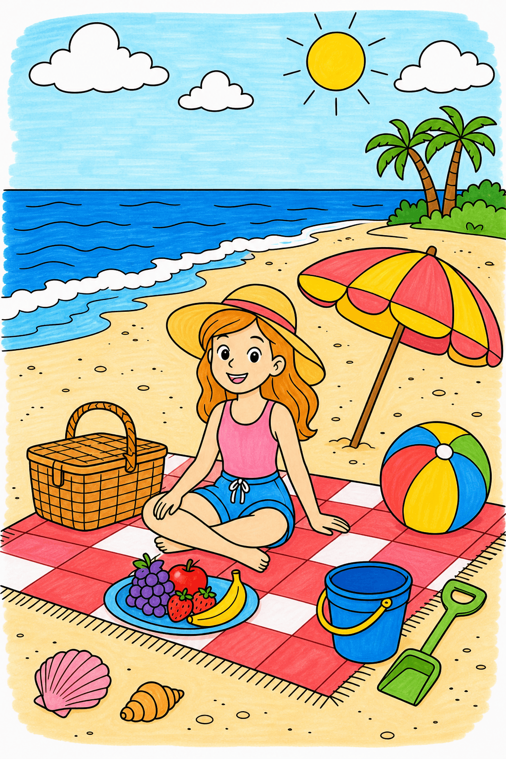 Girl Enjoying a Picnic by the Ocean marker colorized preview