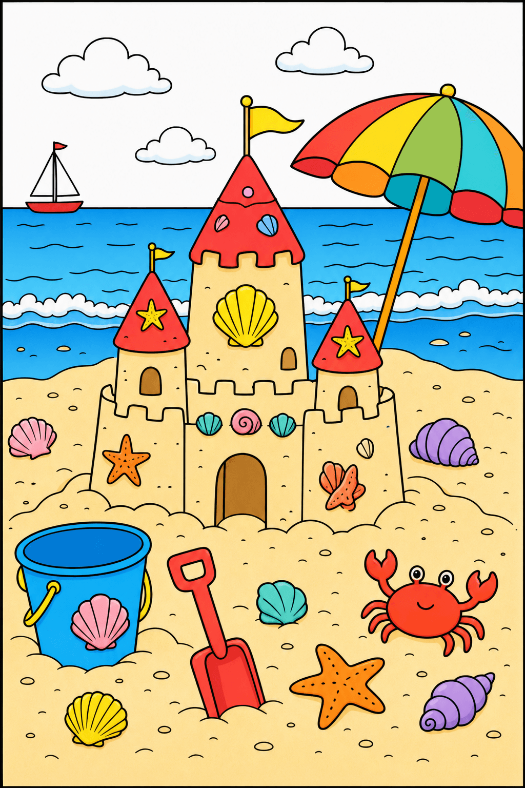 Sandcastle by the Ocean with Beach Toys clean-digital colorized preview
