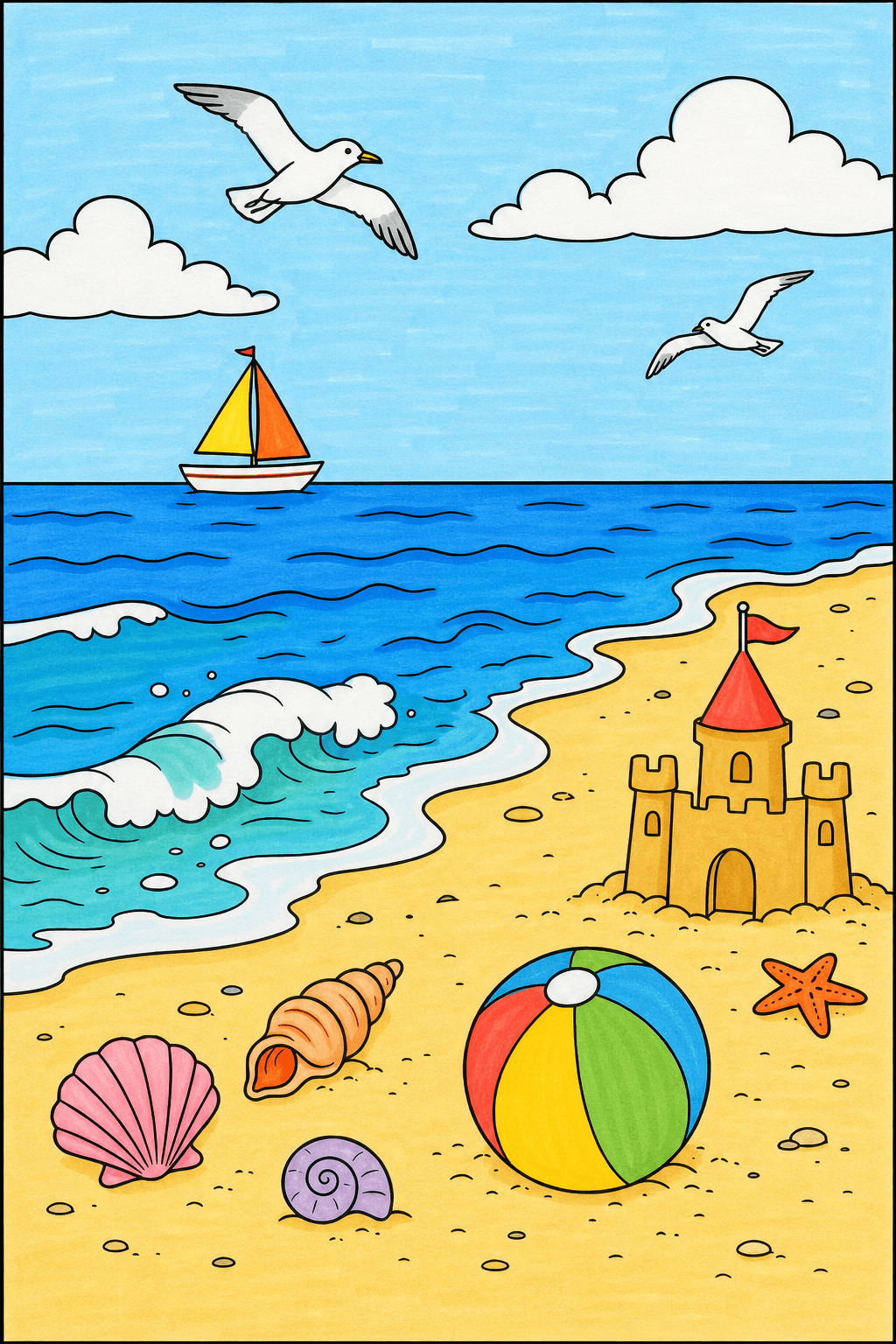Rolling Wave Beach Coloring Page marker colorized preview