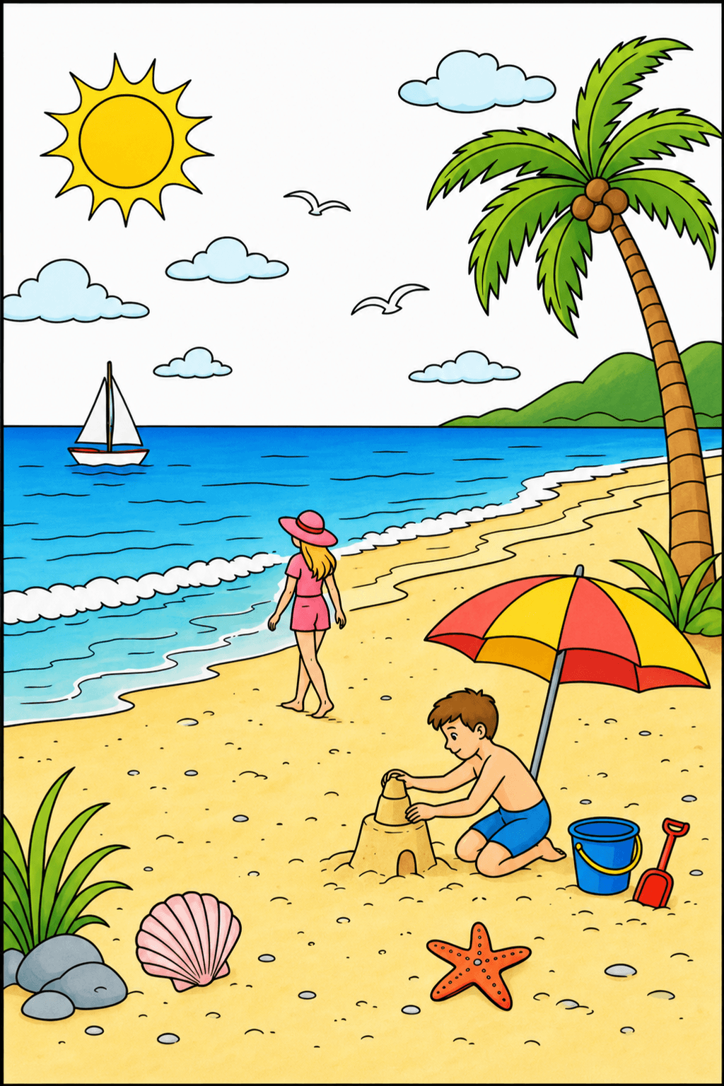 Kids and Sandcastle by the Seashore clean-digital colorized preview