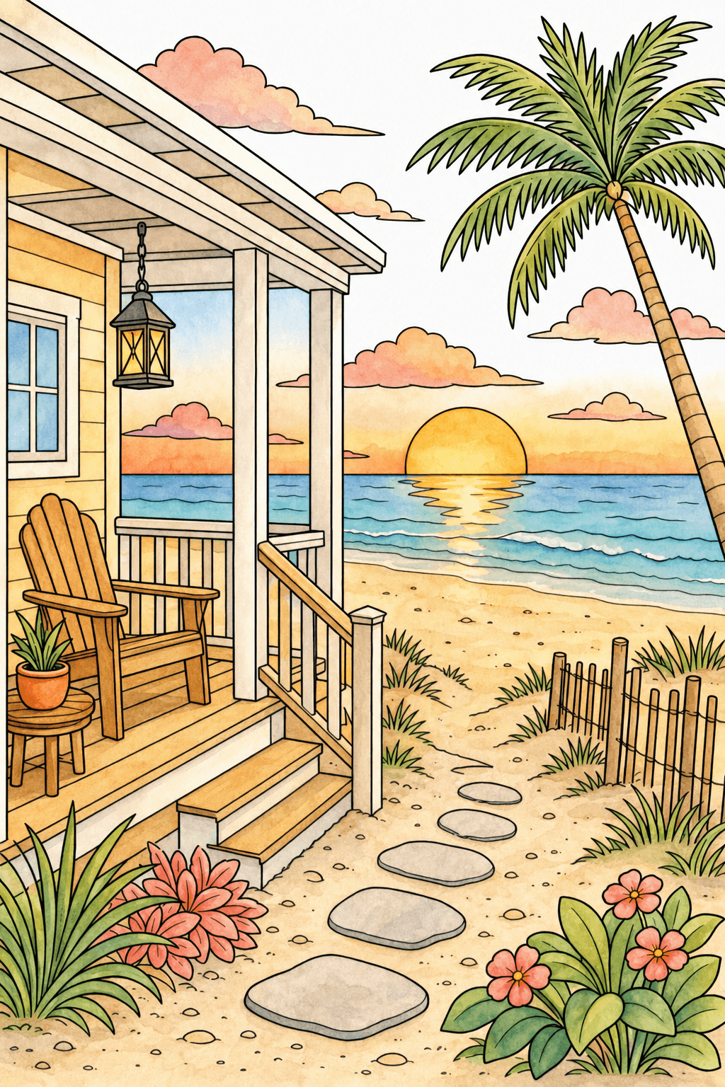 Sunset View from a Beach House Porch watercolor colorized preview