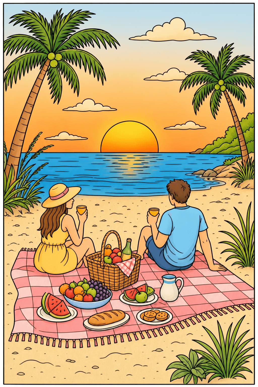 Couple Enjoying a Sunset Beach Picnic clean-digital colorized preview