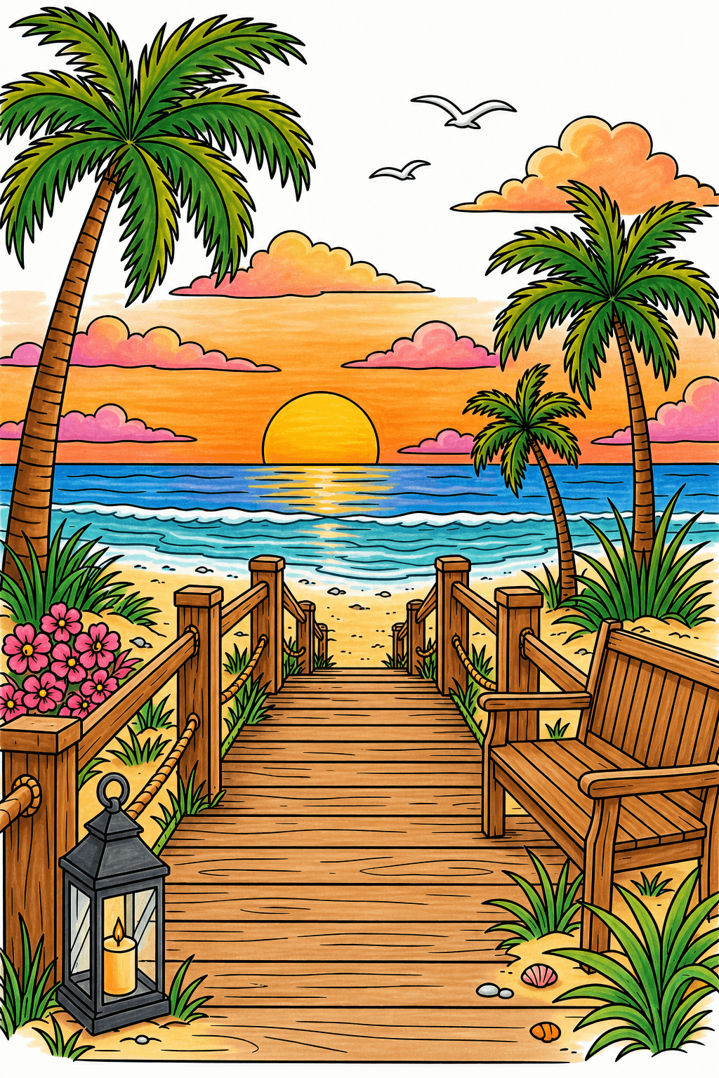 Sunset Beach Boardwalk Coloring Page marker colorized preview