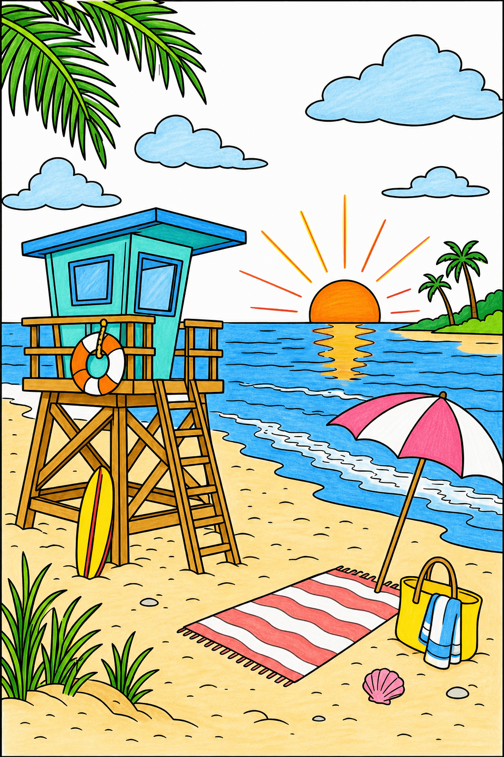 Lifeguard Stand Overlooking a Sunset Shore marker colorized preview