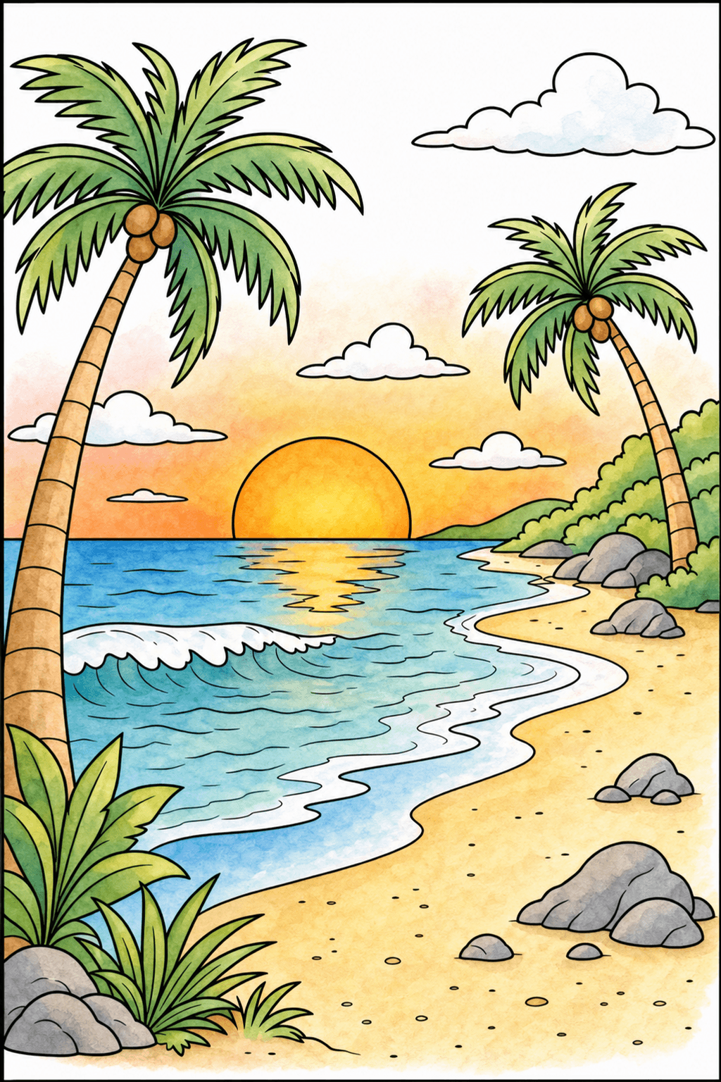 Sunset Over a Palm Tree Cove watercolor colorized preview