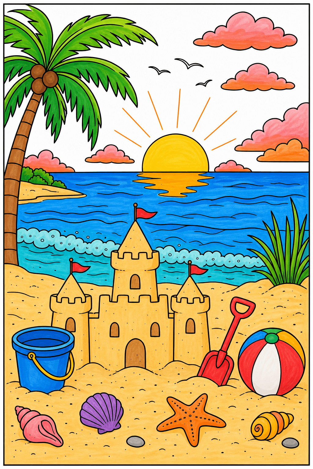 Sandcastle at Sunset Coloring Page marker colorized preview