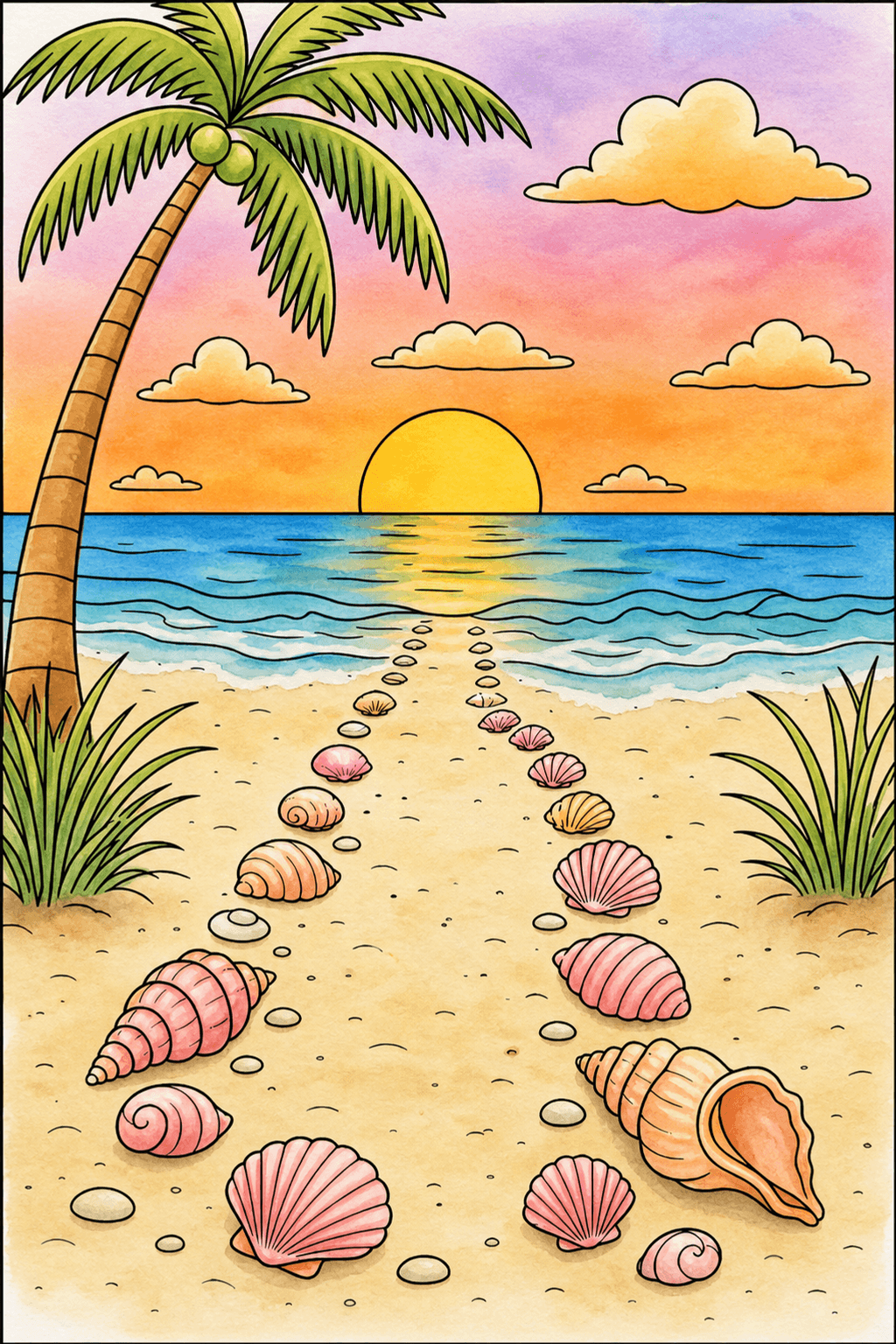 Sunset Seashell Path Coloring Page watercolor colorized preview