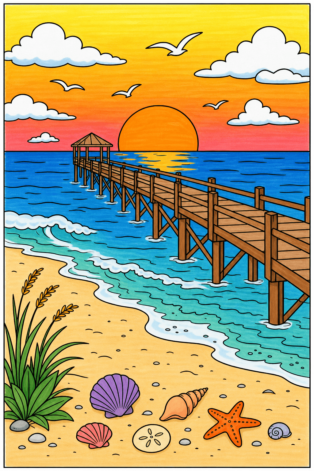 Sunset Pier Coloring Page marker colorized preview